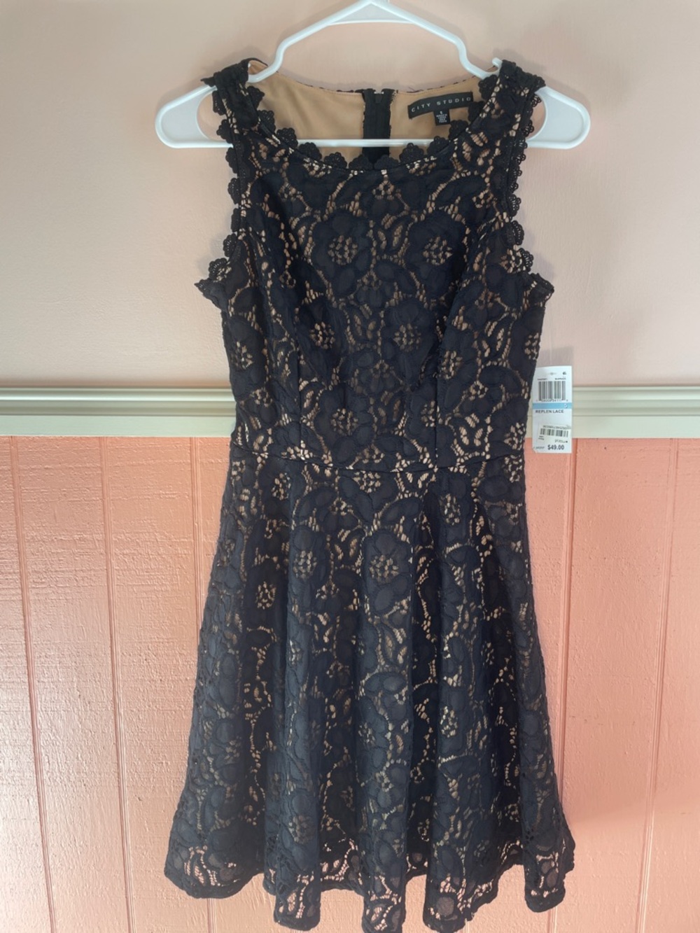 Macy’s City Studio Black Lace Dress with Nude Lining Underlay